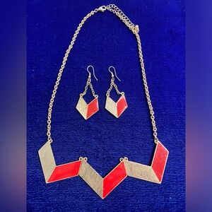 Gold and Red Geometric Necklace and Earring Set